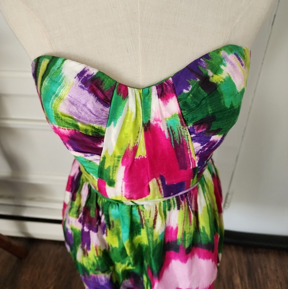 Shoshanna Size 4 Strapless Multicolor Brushstroke Mini Tea Garden Summer Dress - Picture 2 of 12